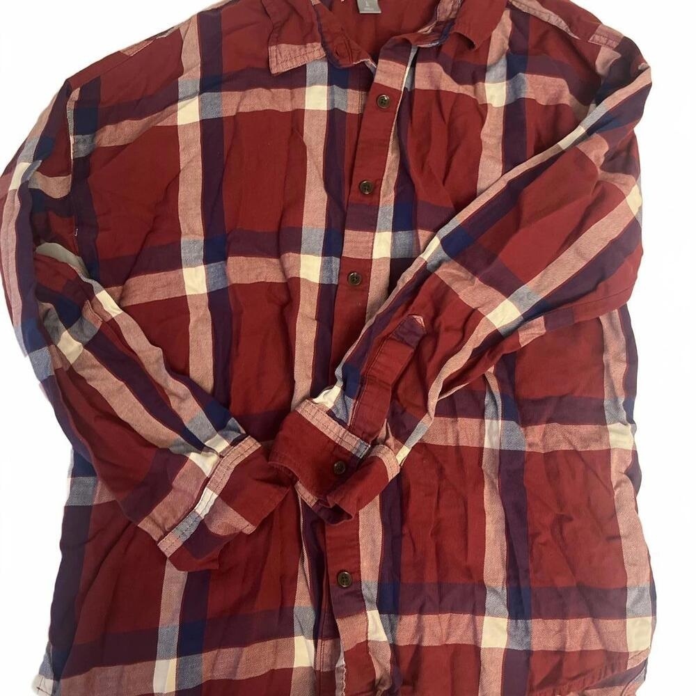 Old Navy Boyfriend Plaid Flannel Button Down Shirt Burgundy Red Navy Blue Large